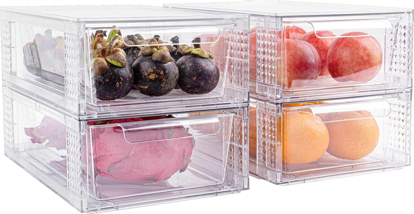 4 Pack Clear Stackable Storage Drawers, 3.95" H Easily Assemble Acrylic Organizer Bins - Multi-Use for Make up, Closet, Pantry, Bathroom, Medicine, Kitchen Cabinet & Undersink Organization