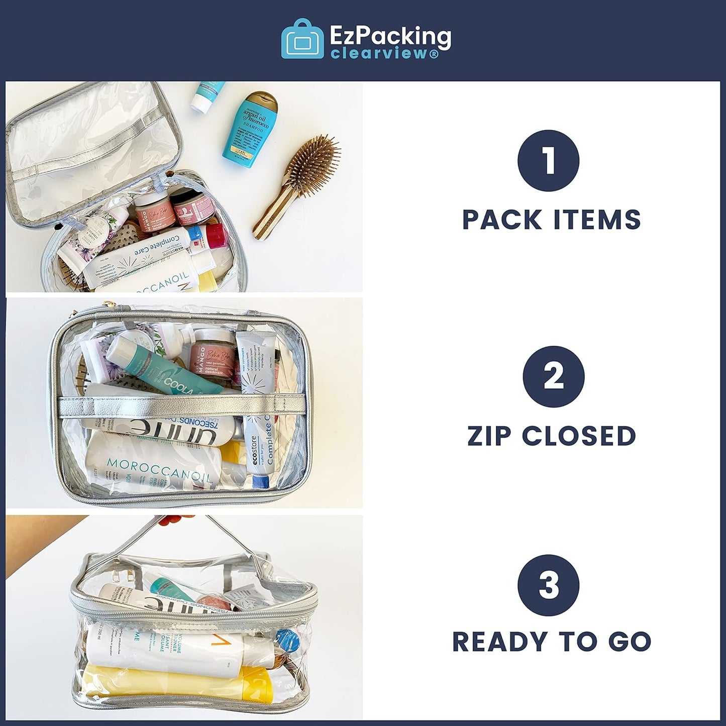 Large Cosmetic Bag for Women / Clear, See-Through Makeup, Hair & Nail Accessories Pouch for Travel or Home / Transparent PVC Plastic Organizer, Spacious Interior, Handle & Double Zippers (Blush)