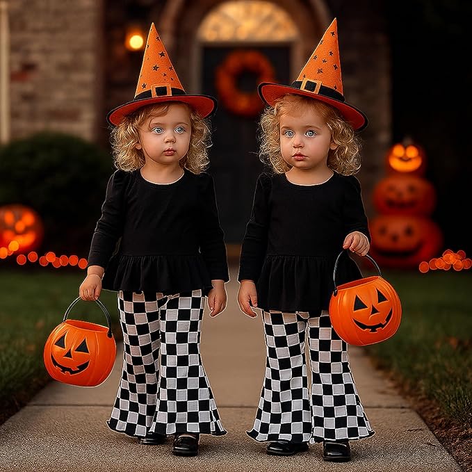 SOBOWO Checkered Baby Girl Flare Pants 3 Pack Toddler Bell Bottoms Plaid Ruffle Leggings Pants Fall Winter Outfits Size 6M-4T