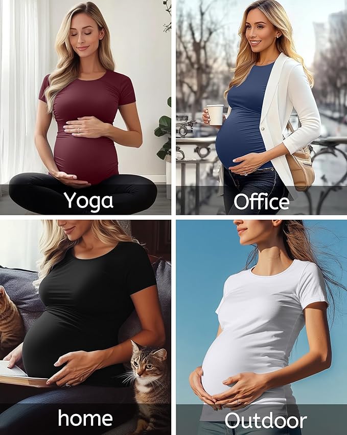 Huukeay 4 Pack Women's Maternity Shirts, Crew Neck Maternity Top Short Sleeve Casual Cotton Tee Side Ruched Pregnancy Clothes