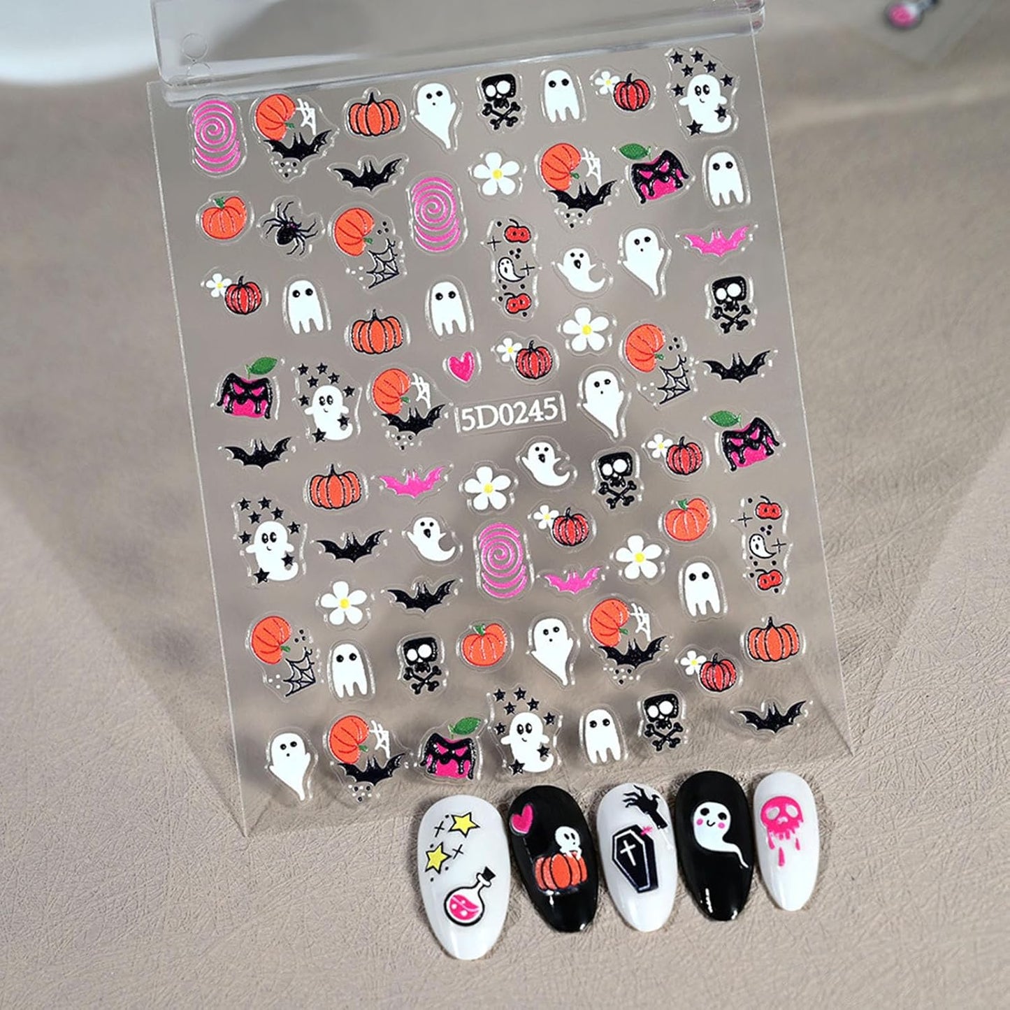 6 Sheets Halloween Nail Stickers for Nail Art 5D Self Adhesive Cute Ghost Nail Art Stickers with Pumpkin Bat Blood Drop Skeleton Design Sticker for Women DIY Nails Decoration