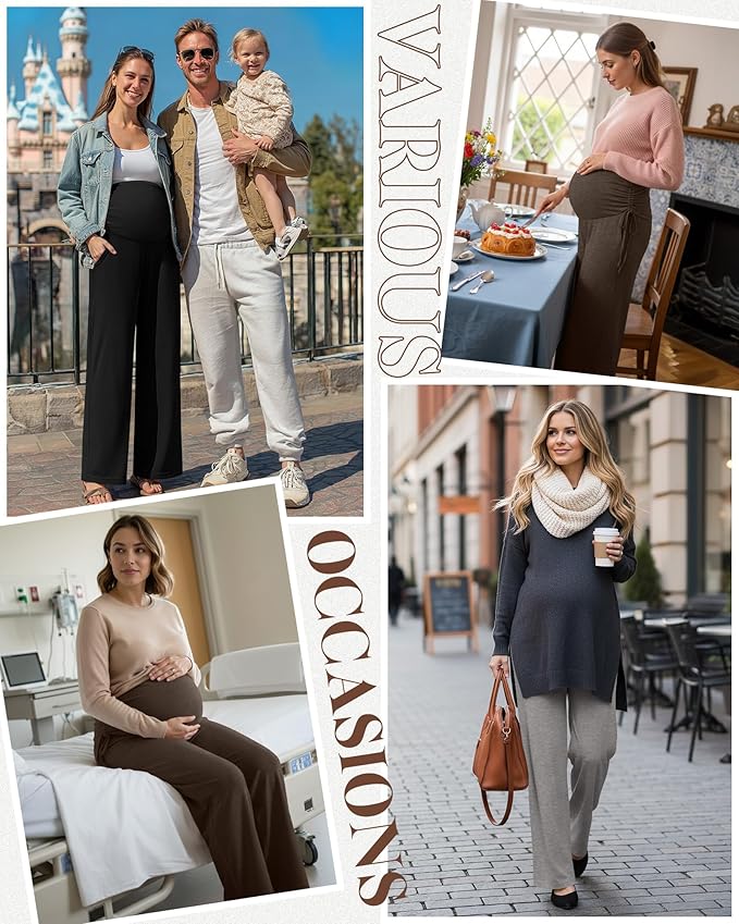 Neer 3 Pack Women's Maternity Pants Over The Belly Loose Pregnancy Pants Stretchy Lounge Wide Leg Trousers with Pockets