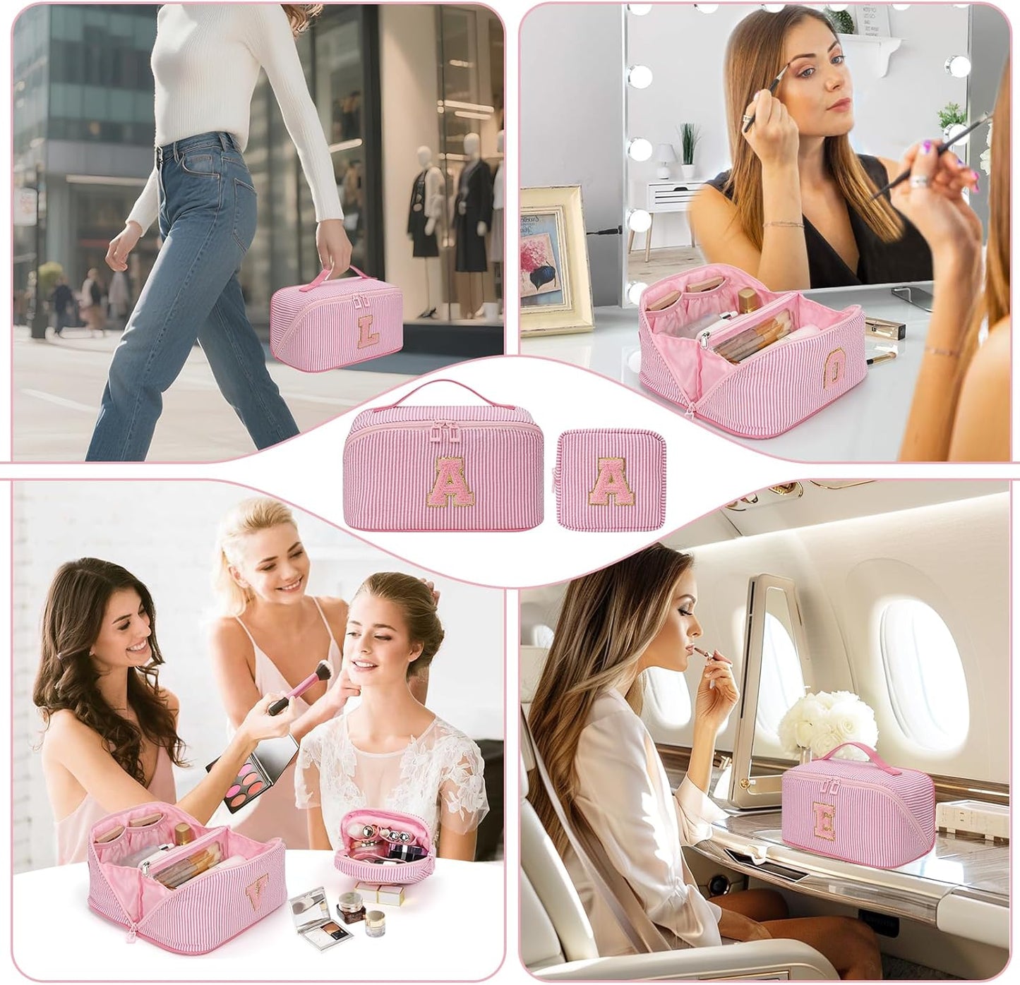 Travel Makeup Bag for Women, 2Pcs Portable Personalized Initial Makeup Organizer Bag, Open Flat Large Cosmetic Bag With Travel Essential Pouch (Pink Letter W)