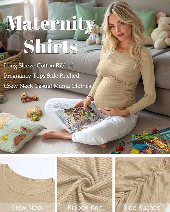 Huukeay 4 Pack Women's Maternity Shirts, Long Sleeve Cotton Ribbed Pregnancy Tops Side Ruched Crew Neck Casual Mama Clothes