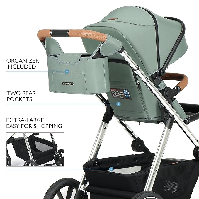 Beberoad Love RX 3-in-1 Baby Stroller with Bassinet, Toddler Strollers, Foldable Newborn Infant Stroller with Organizer, Rain Cover, Sunshade & Mosquito 2 in 1 Cover, Large Storage Basket(Green)