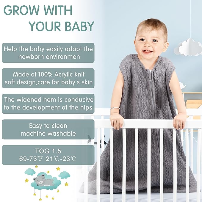 Baby Sleep Sack 0-6 Months, Baby Wearable Blanket 100% Acrylic knit 2-Way Zipper Toddler Sleeping Sack TOG 0.5 (Grey)