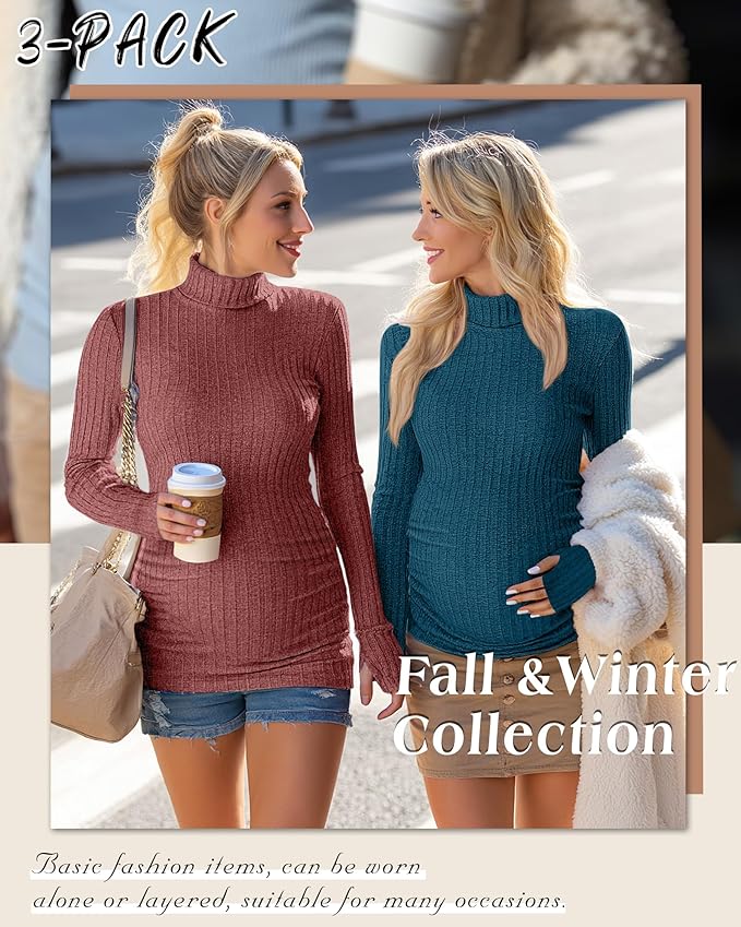 3 Pack Maternity T-Shirts Pregnancy Tops Women Sweater Long Sleeve Turtleneck Ribbed Finger Sleeve Outfits