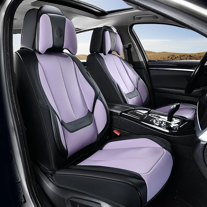 Coverado Universal Seat Covers Full Set, 5 Seats Universal Seat Covers for Cars, Waterproof Nappa Leather Car Seat Covers with Head Pillow, Auto Protectors Fit for Most SUV Pick-up Truck-Black&Purple