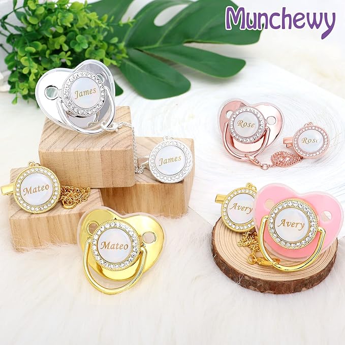 Personalized Pacifier and Pacifier Clip with Name, Bling Gold Pacifier Clip Set with Gift Box Greeting Card, Glitter Crystal Luxurious Dummy Ideal Gift for Boys Baby Shower Newborn Photography(Silver)