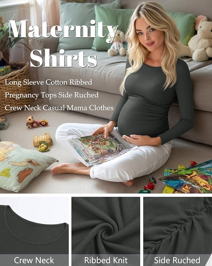 Huukeay 4 Pack Women's Maternity Shirts, Long Sleeve Cotton Ribbed Pregnancy Tops Side Ruched Crew Neck Casual Mama Clothes