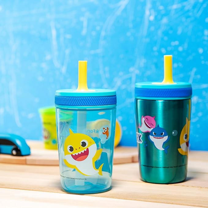 Zak Designs Baby Shark Kelso Tumbler Set, Leak-Proof Screw-On Lid with Straw, Bundle for Kids Includes Plastic and Stainless Steel Cups with Bonus Sipper (3pc Set, Non-BPA) (Pack of 12)