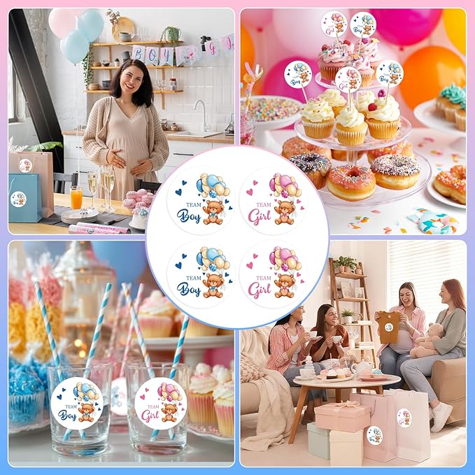 80Pcs Cute Bear Gender Reveal Stickers Roll, 2 Inch Team Boy Team Girl Gender Reveal Labels, Pink and Blue Self-Adhesive Decorative Round Stickers for Baby Shower Party Supplies
