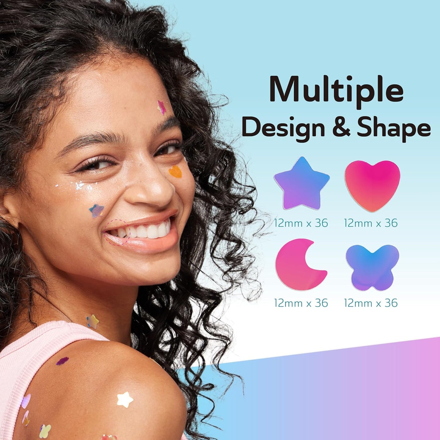 Star Pimple Patches for Face, Cute Acne Patches with Salicylic Acid, CICA & Tea Tree Oil, 144 Holographic Star Moon Heart Butterfly Patches, 7X Absorbency Pimple Patches for Teens (4 Designs, 36 Each)