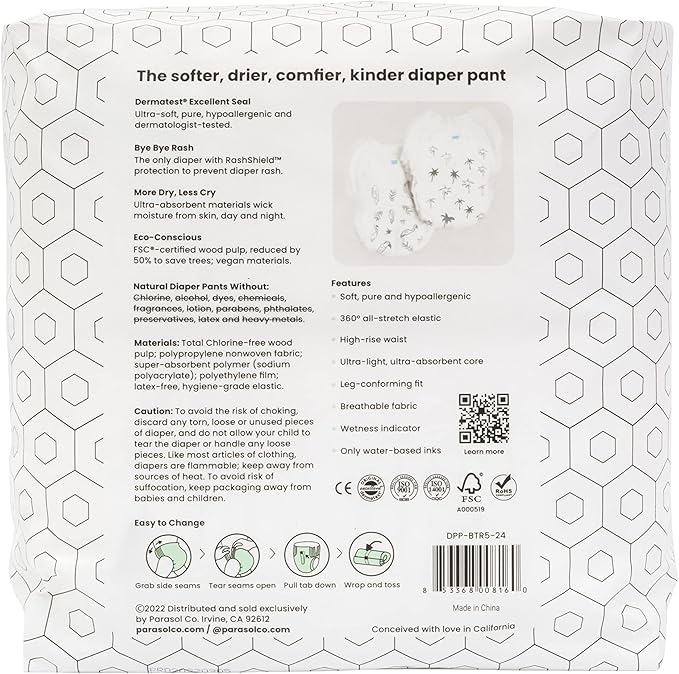 Parasol Clear+Dry Natural Disposable Diaper Pants, RashShield Protection and Active 360 Comfort Wrap, Hypoallergenic Training Diapers, Size 5 (3T-4T), 96 Count