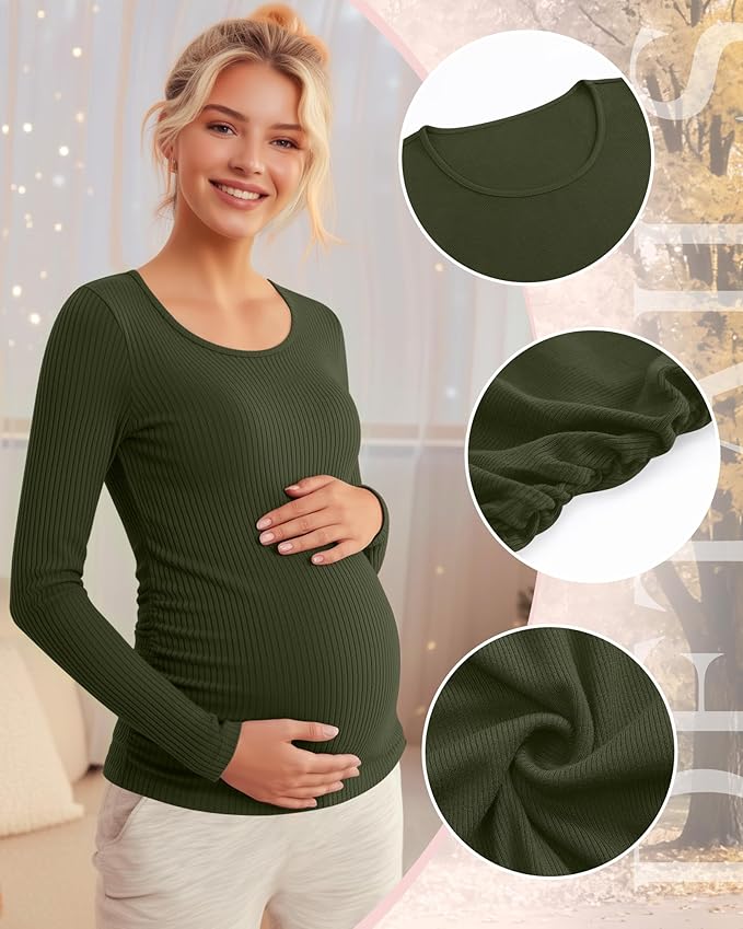 Riyiper 4 Pack Women's Maternity Shirts, Long Sleeve Cotton Ribbed Pregnancy Tee Top Crewneck Side Ruched Casual Mama Clothes