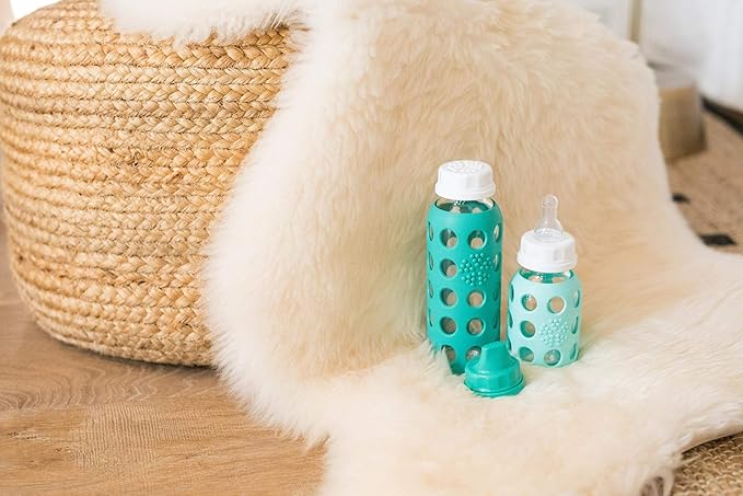 Lifefactory Baby Bottle Starter Set 12-Piece | 4 oz Mint & Lavender, 9 oz Kale & Grape | Includes Flat Caps, Sippy Caps, Stage 3 Nipples
