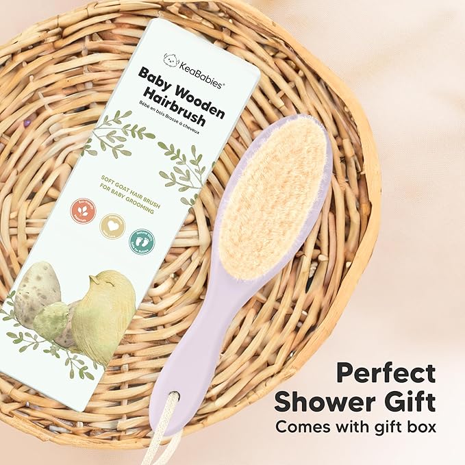 Wooden Baby Hair Brush - Cradle Cap Baby Brush with Soft Goat Bristles, Perfect Gentle Scalp Newborn Comb for Infant, Girls, Boys, Bath Essentials (Thistle, Oval)