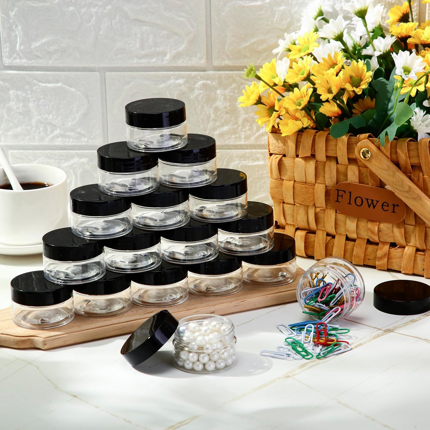 SATINIOR 100 Pcs Plastic Jars with Lids Small Containers Lids Wide Mouth Small Plastic Containers for Lotion Cream Rhinestones Body Butters Travel Storage(1 oz,Black)