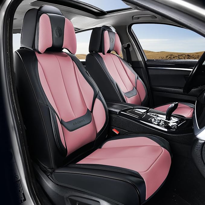 Coverado Universal Seat Covers Full Set, 5 Seats Universal Seat Covers for Cars, Waterproof Nappa Leather Car Seat Covers with Head Pillow, Auto Protectors Fit for Most Pick-up Truck, Black&Pink