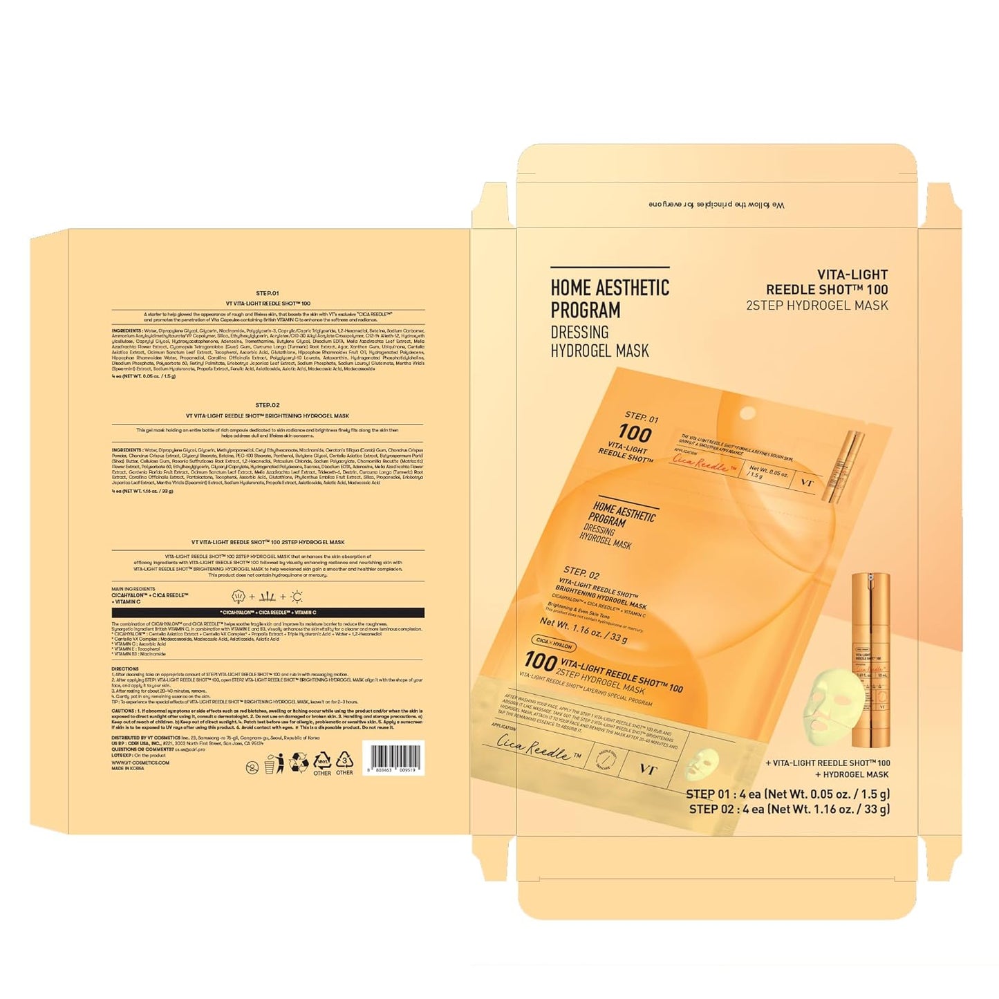 VT COSMETICS Vita-Light Reedle Shot 100 2-Step Hydrogel Mask(34.5gx4ea), Intensive Glowing, Exosome Glutathione Face Mask, Overnight Melting Mask, Korean Facial Mask