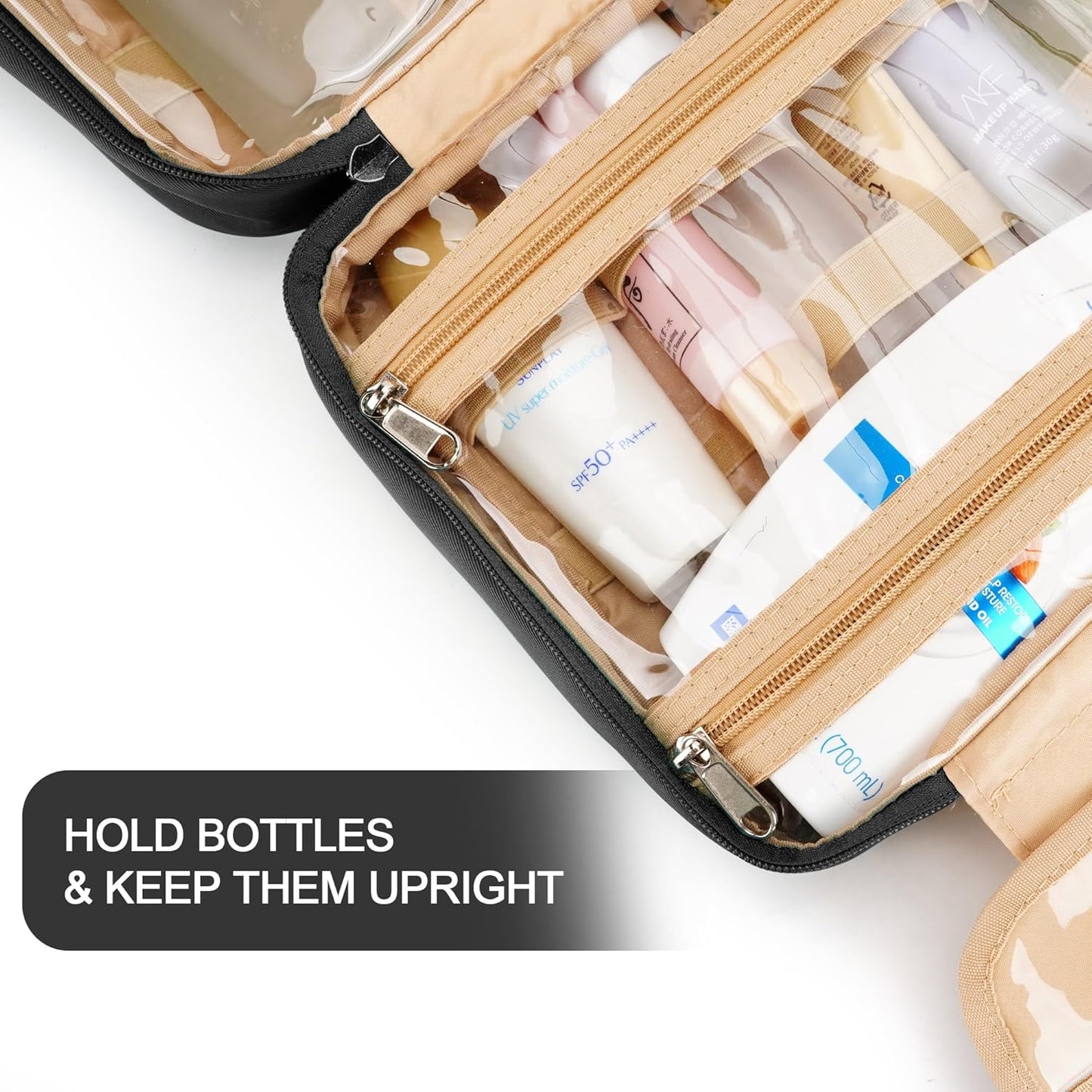 Travel Hanging Toiletry Bag for Women and Men, with 8 Leak Proofing Silicone Bottle Covers, Waterproof Makeup Accessories, Cosmetic Essentials, Cruise Ship Toiletries Bag with Jewelry Organizer, Black