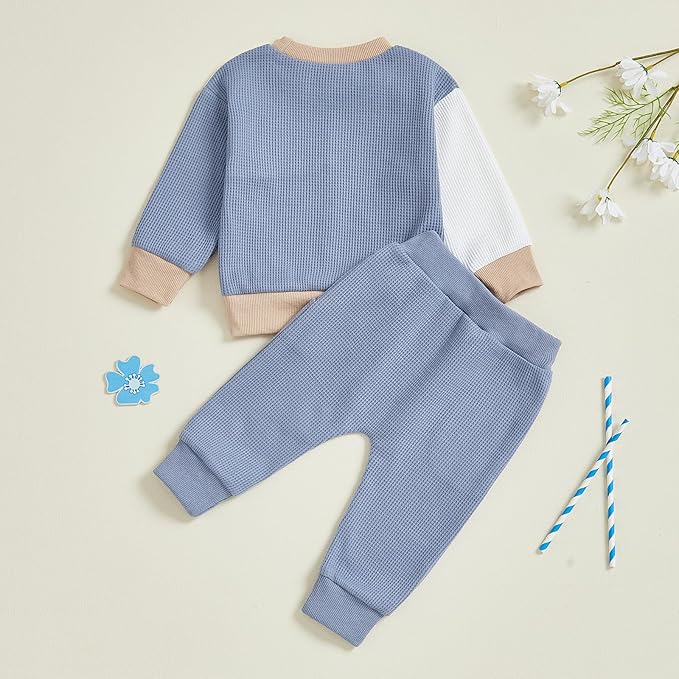 Toddler Baby Boy Fall Clothes Waffle Outfit Long Sleeve Color Blocking Sweatshirt Pullover Jogger Pant Set