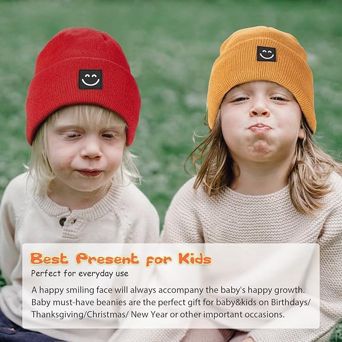 Baby Beanie Hat 3 Packs with Cute Smiley Face, Toddler Girls Boys Baby Hats Winter, Kids Winter Hat Cold Weather