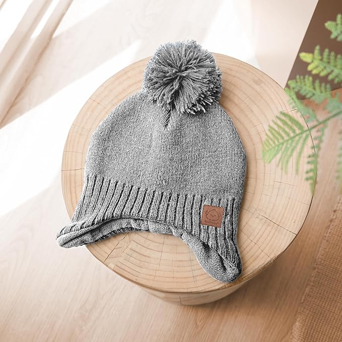 Baby Beanies, Baby Hats for Boys, Girls - Cute Toddler Winter Hat, Soft & Stretchy Beanies for Infant, Newborn 0-6 Months, Cozy & Warm with Earflap Muff & Pom (Gray, S)