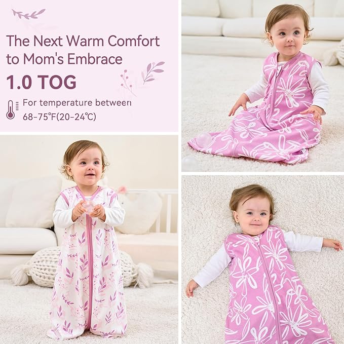 Baby Sleep Sack 0-6 Months 1.0 Tog Baby Wearable Blanket 100% Cotton Sleeping Sack with 2-Way Zipper for Infant Newborn Purple Leaf