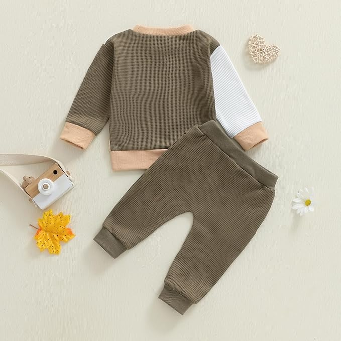 Toddler Baby Boy Fall Clothes Waffle Outfit Long Sleeve Color Blocking Sweatshirt Pullover Jogger Pant Set