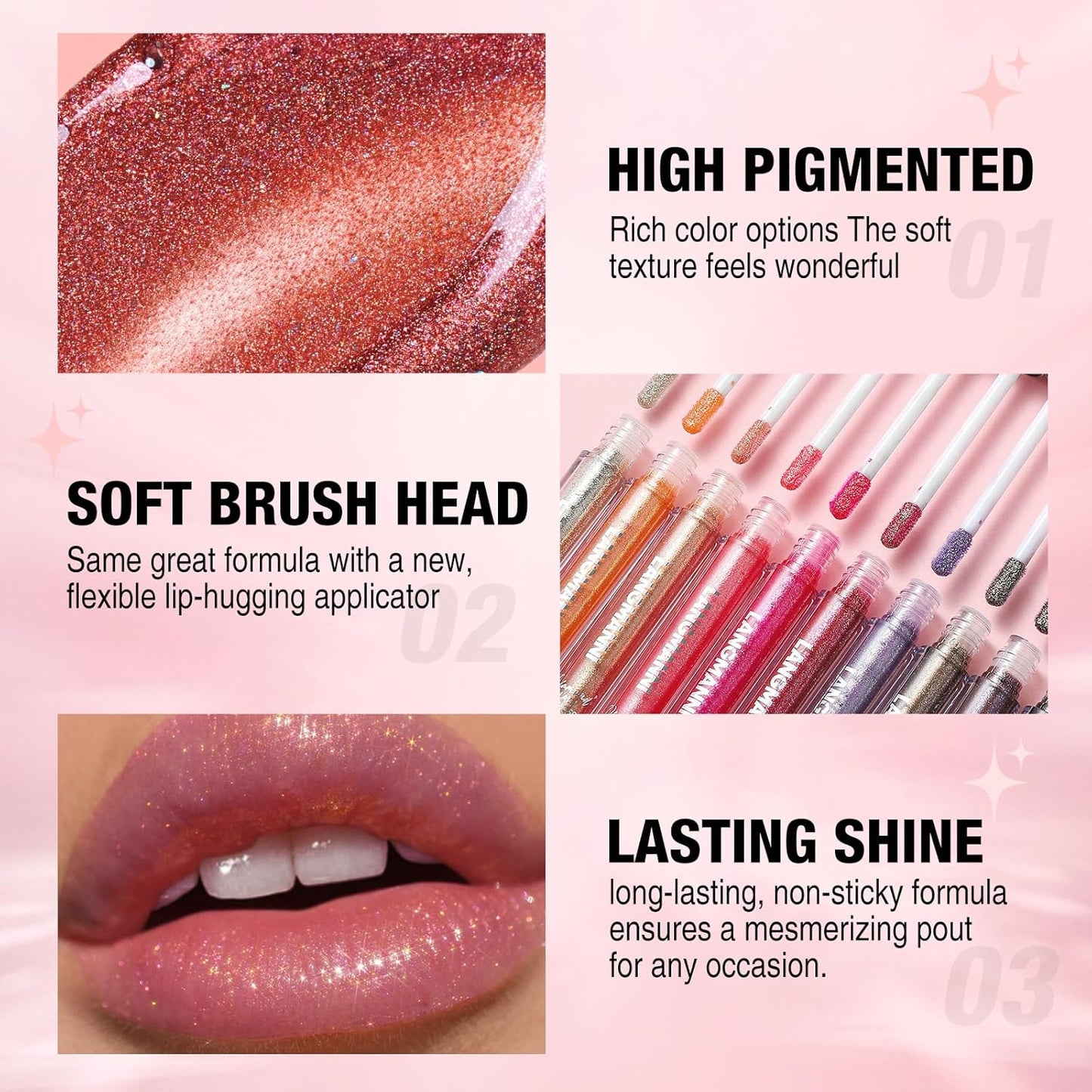 LANGMANNI 2 Colors Diamond Glitter Lip Gloss Set,Long Lasting High Shine Shimmer Liquid Lipstick Set,Hydrating,Moisturizing Lip Gloss Kit Gift Makeup For Girls(#07+08)