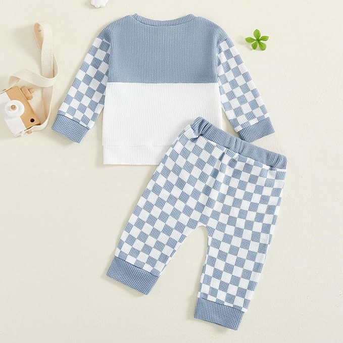 Toddler Baby Boy Fall Clothes Waffle Outfit Long Sleeve Color Blocking Sweatshirt Pullover Jogger Pant Set