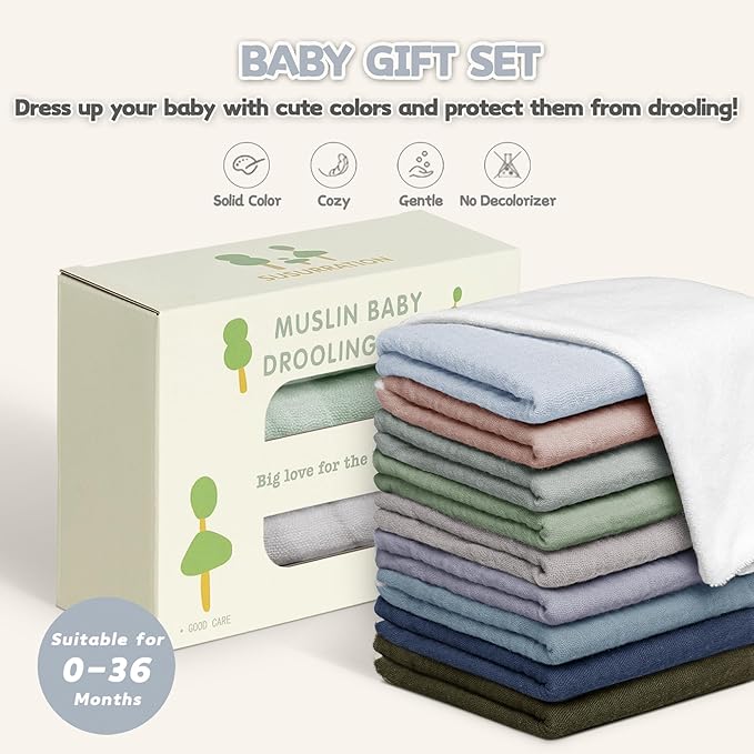 Susurration Muslin Baby Bibs 10Pack Baby Bandana Drool Bibs Soft Adjustable Newborn Bibs for Unisex Baby Girls & Boys (Bluegreen)