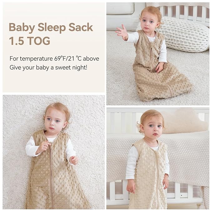 Fleece Baby Sleep Sack 12-18 Months with Plush Dots 1.5 Tog Baby Wearable Blanket with 2-Way Zipper Warm Sleeping Sack for Toddler Infant - Large, Coffee
