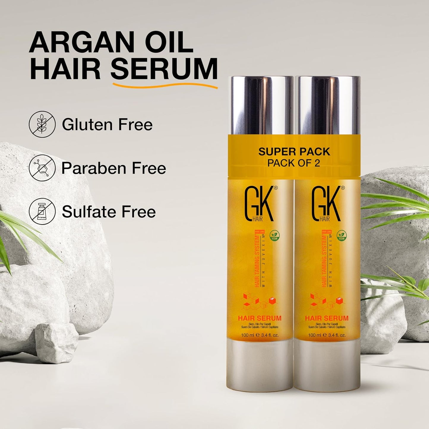 GK HAIR Global Keratin 100% Organic Argan Oil Anti Frizz Hair Serum Pack of 2 (3.4 Fl Oz/100ml) Styling Smoothing Strengthening Hydrating & Nourishing Heat Protection Shine For Frizzy Dry Damaged Hair