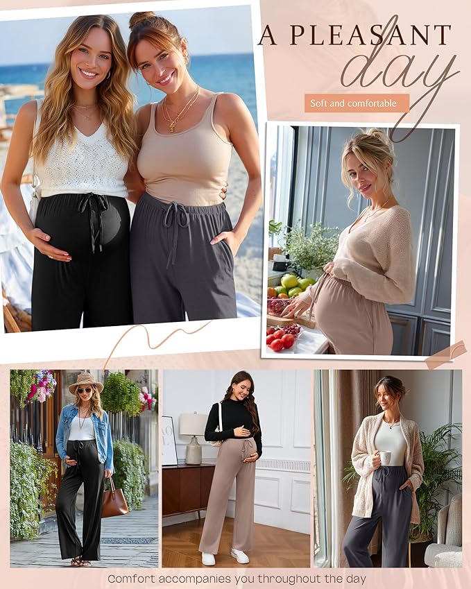 3 Pack Maternity Pants for Women Over The Belly Lounge Work Pregnancy Pants Drawing Wide Leg Trousers with Pockets