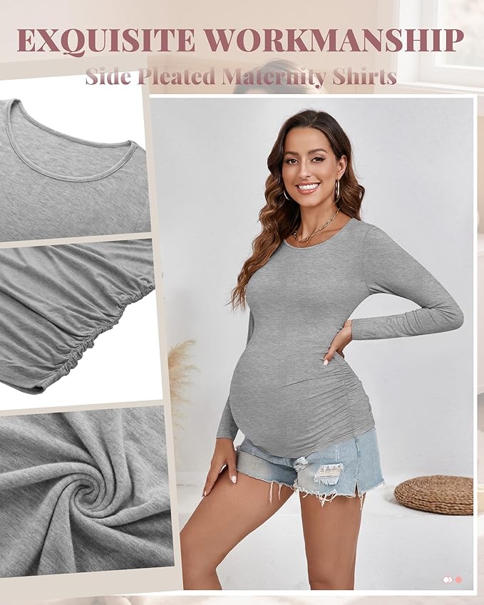 Ficerd 3 Pack Women's Maternity Shirts, Long Sleeve Side Ruched Pregnancy Tee Tops Crew Neck Casual Mama Clothes Basic Tunic