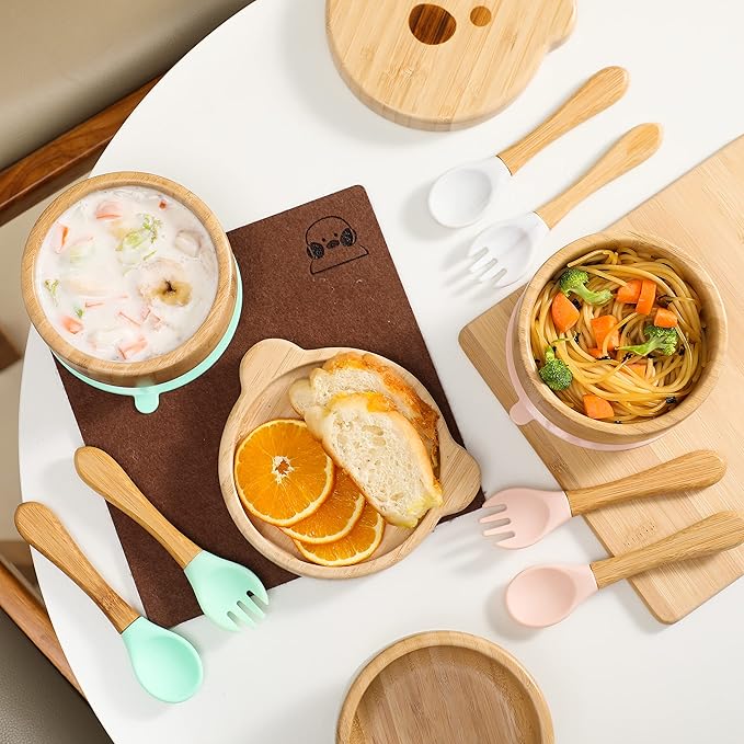 Baby Bowls with Lid,HBM Bamboo Suction Bowls for Baby and Spoon Set,3PC Feeding Supplies Set for Infant, Toddlers,Detachable Silicone Suction Stay Put Base for Wooden Bowl (Marble)