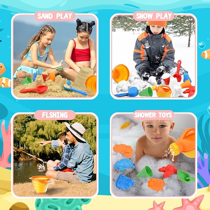 Beach Toys Set for Kids, Collapsible Sand Bucket and Shovels Set with Watering Can,Mesh Bag, Ice Cream &Animal Sand Molds,Travel Beach Toys for Toddler Boys Girls Age 3 4 5 6 7 8+