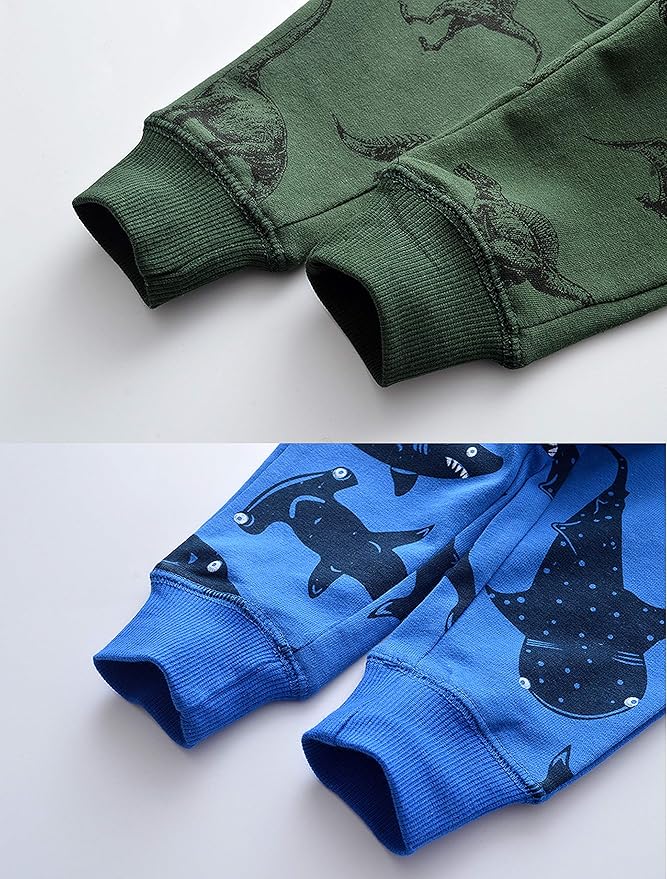 HUAER& Baby Boy's Jogger Pants Dinosaur Car Animal Print Drawstring Elastic Sweatpants 2-Pack