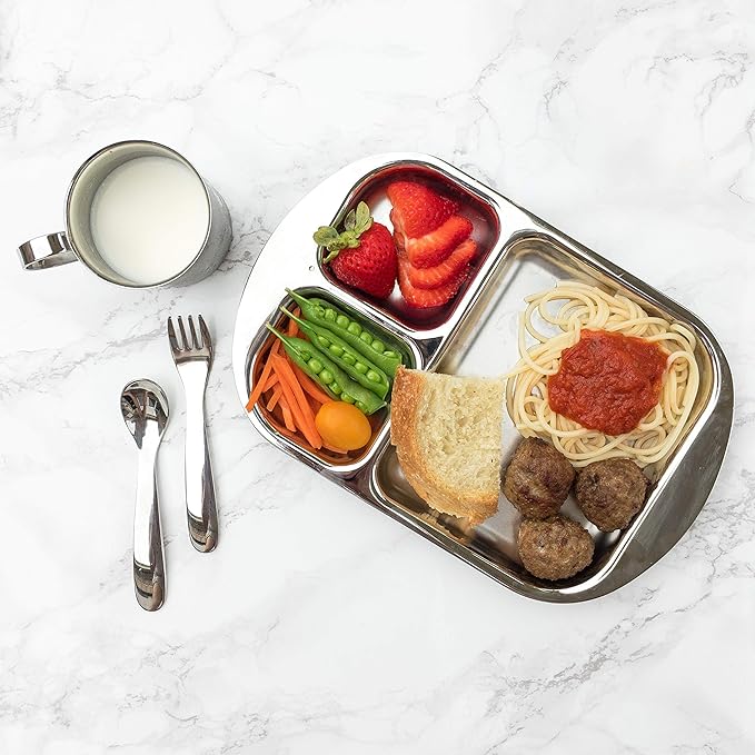 Children's Premium Stainless Steel Dinnerware Set | 1 Bowl with Handles, 1 Cup with Handle & 1 Divided Plate | Education Series | Ideal for Babies, Toddlers & Kids | by Kiddobloom