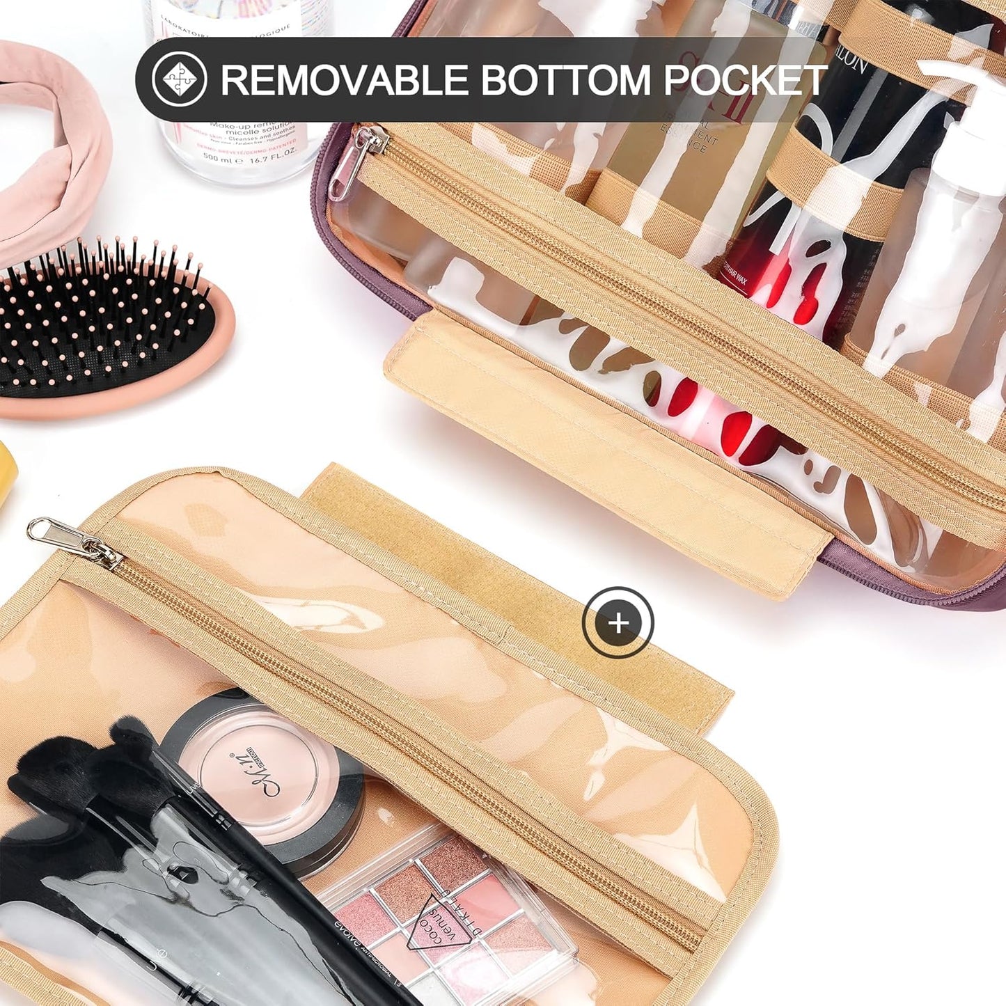 Travel Hanging Toiletry Bag for Women and Men, with 8 Leak Proofing Silicone Bottle Covers, Waterproof Makeup Accessories, Cosmetic Essentials, Toiletries Dopp Kit Set with Jewelry Organizer, Purple