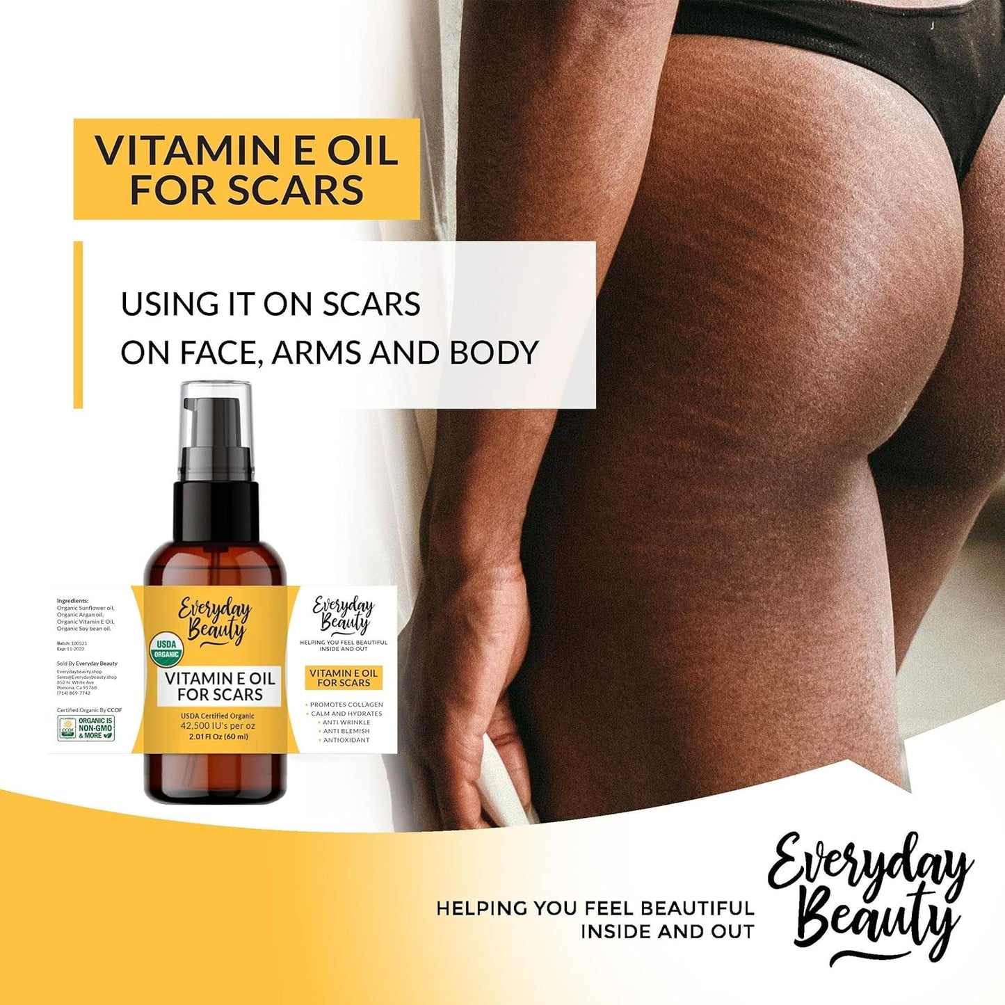 Organic Vitamin E Oil for Scars - USDA Certified 100% All Natural Plant Based 2.01 Fl Oz With Pump Top - Light & Unscented Great for Scars After Surgery - Reduce Wrinkles & Anti Aging