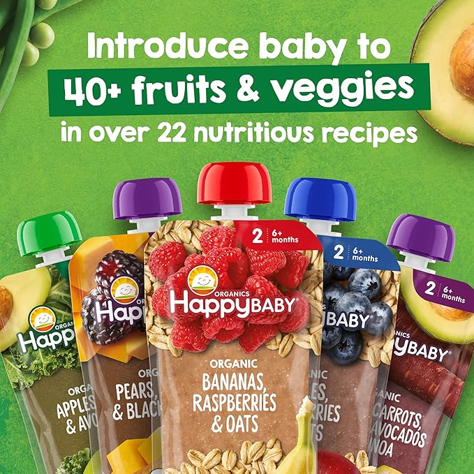Happy Baby Organics Stage 2 Baby Food Pouches with One Full Serving of Veggies, Nutritious Snack, Clearly Crafted Fruit & Veggie Puree, Sweet Potatoes, Blueberries, & Beets, 4 Ounces