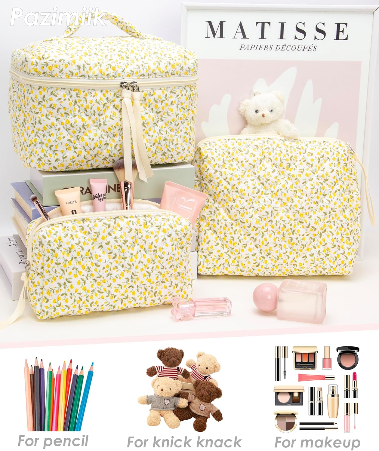 PAZIMIIK 3PCS Makeup Bag SET Large Travel Quilted Zipper Soft Cosmetic Case Pouch for Women Girls Make Up,Floral Yellow