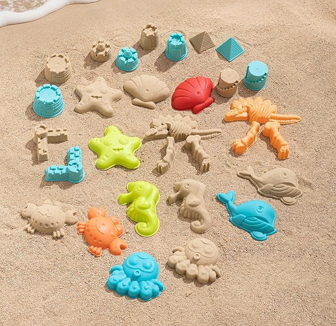 Beach Toys for Kids - Sand Toys Set Includes Collapsible Bucket Shovel and Mesh Bag 19 PCS, Toddlers Sandbox Toys Sandcastle Building Kit (Kids Beach Toy Set)