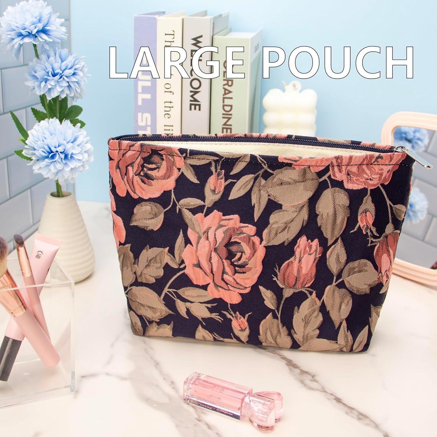 PAZIMIIK Makeup Bag Large Cotton Zipper Pouch for Purse Travel Canvas Make Up Organizer for Women Cosmetic,Rose Black Blue