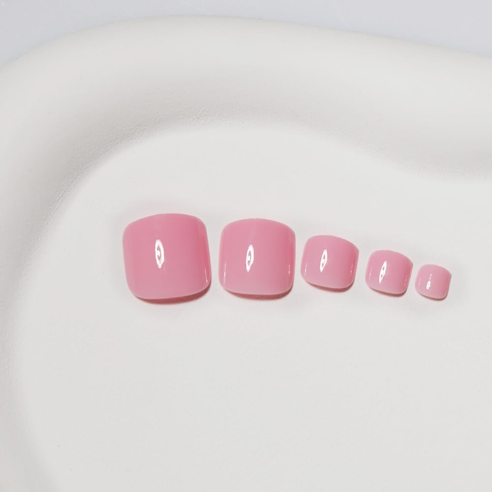 Macaron Pink Press on Toenails Short Solid Color Toe Nail Press ons Fake Toe Nails False Toenail, Full Cover Acrylic Glue on Toenails for Women Manicure