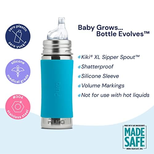 Pura Kiki 11oz/325ml Stainless Steel Sippy Cup Bottle w/Sleeve, Plastic-Free, MadeSafe Certified, Medical-Grade XL Silicone Sipper Spout Fast Flow for Kids, Toddlers, Babies & Infant - Unicorn