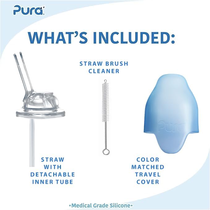 Pura Kiki 11oz/325ml Stainless Steel Straw Bottle w/Sleeve - 100% Plastic-Free, MadeSafe Certified, 100% Medical-Grade Silicone Straw for Kids, Toddlers, Preschoolers, Babies & Infant - New Aqua